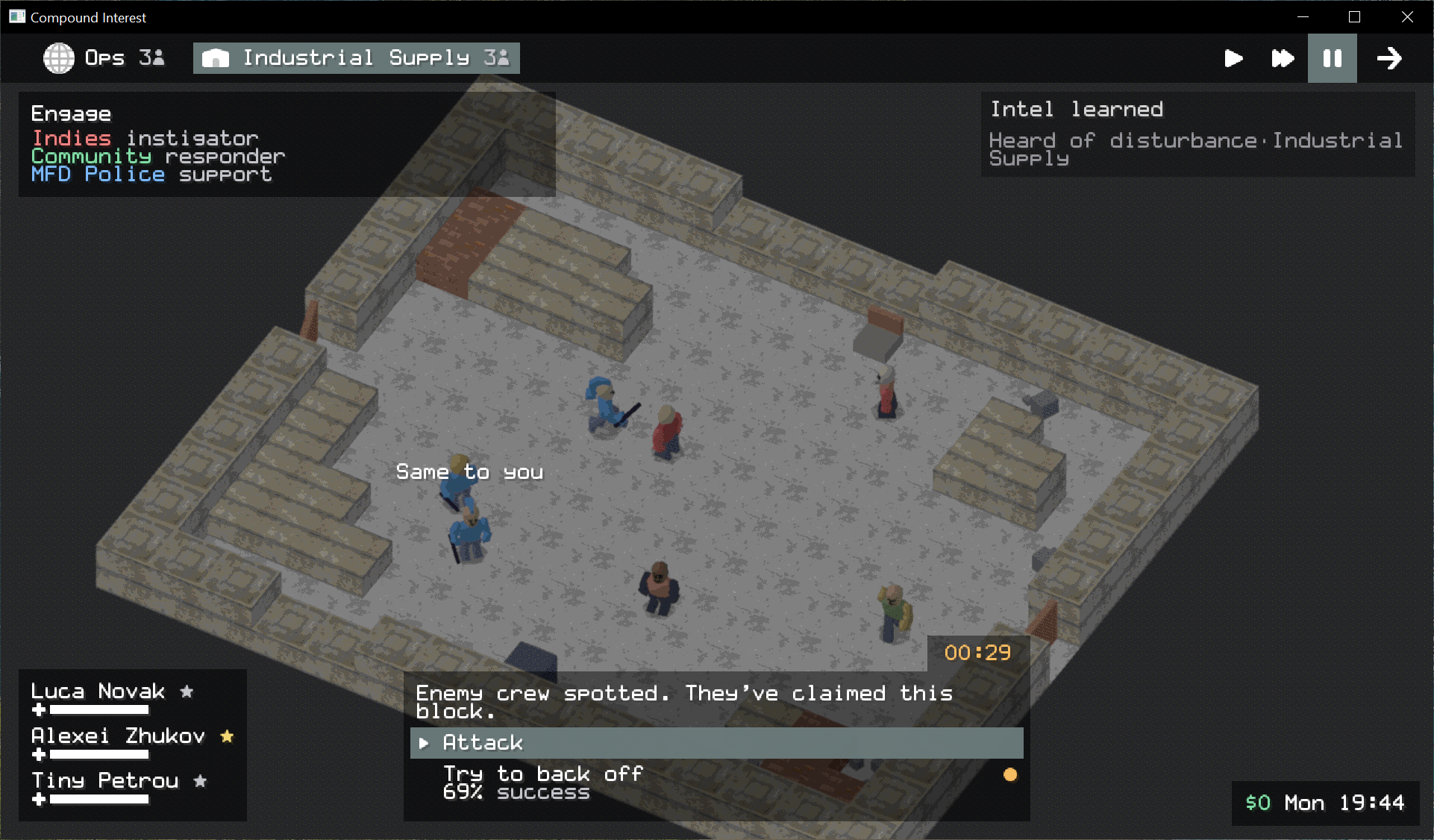 A crew confronts a rival faction that has claimed a block.